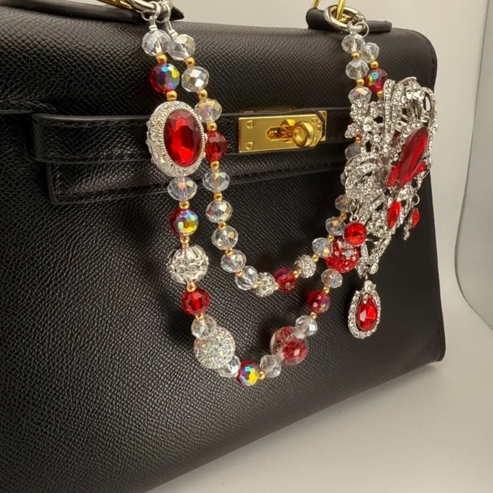 Red Silver Big Brooch Bag Charm Crystal Beaded Purse‎ Charm Rhinestone Keychain